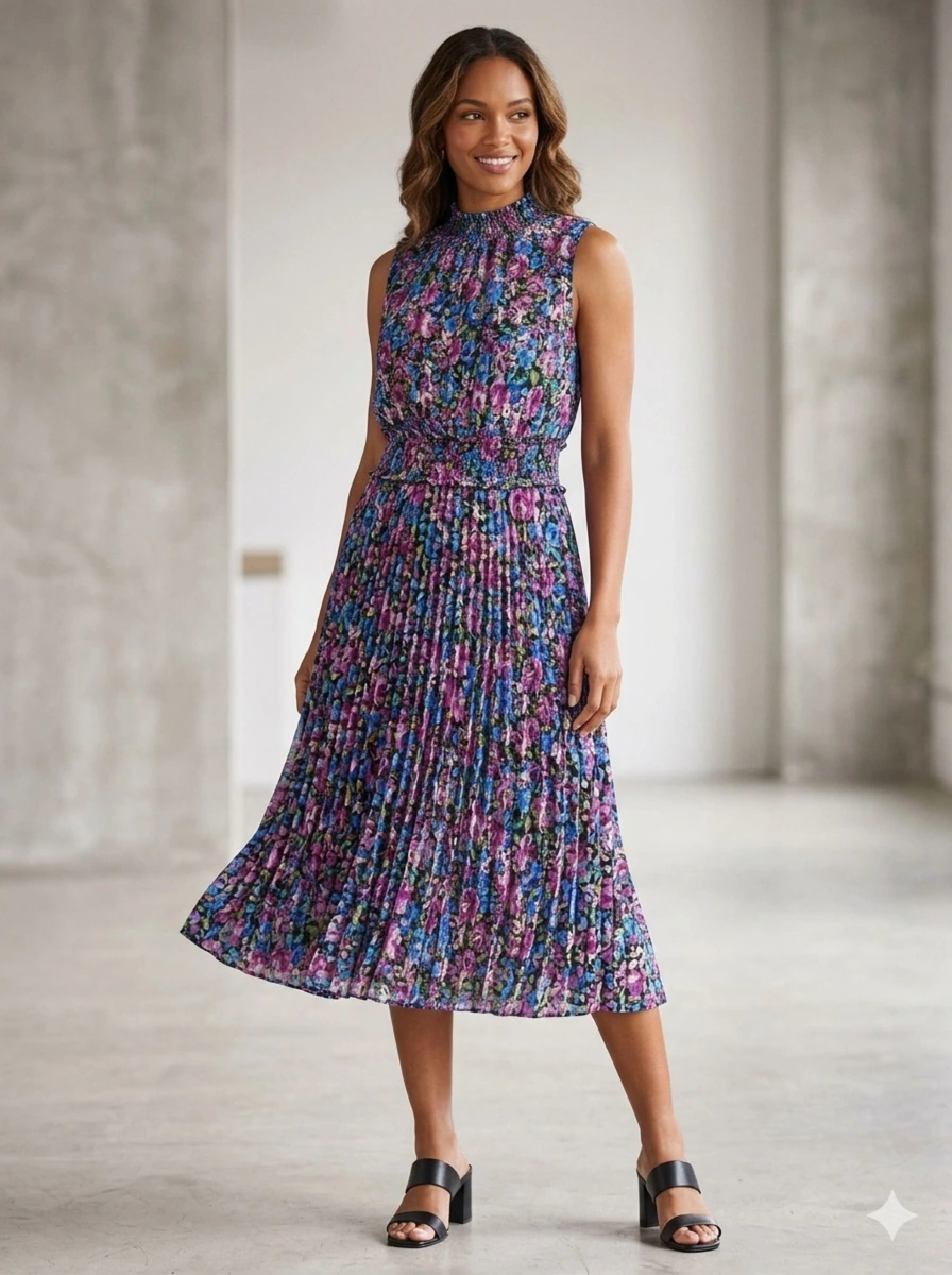 Vestido floreado en tonos lila, rosa,azul marca cklass talla Mediana