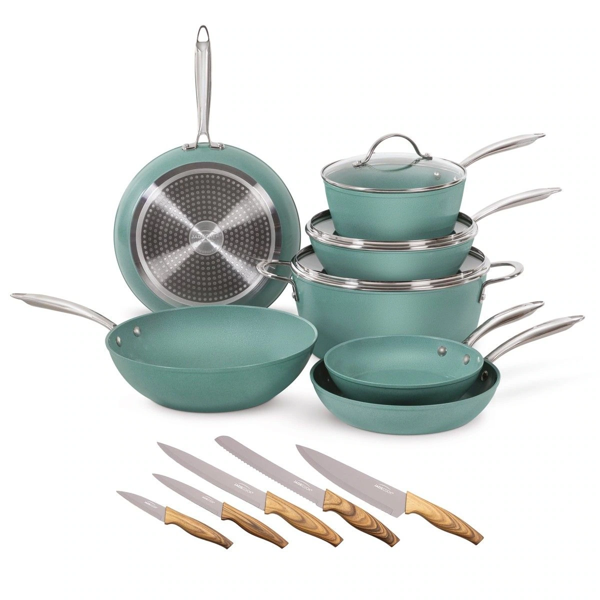Batería Jade Chef 10 Pzas + 5 Cuchillos Tipo Madera