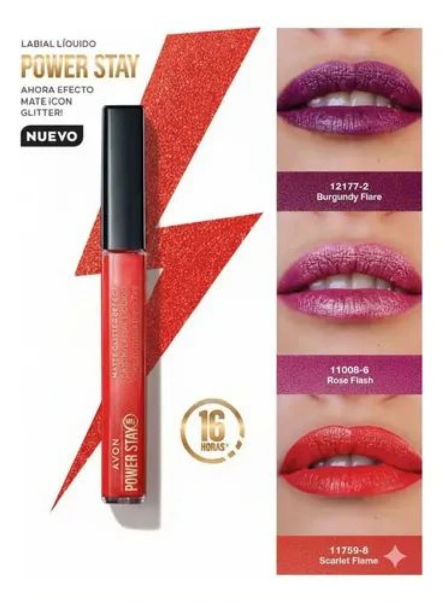 Labial liquido matte glitter efecto Avon Power Stay 16 hours