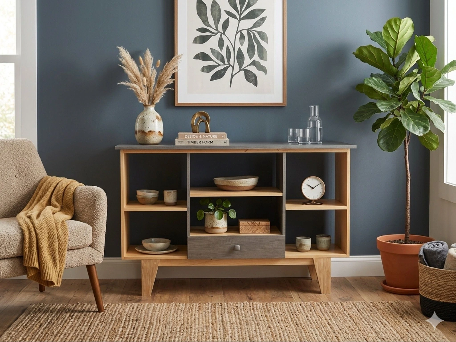 Mueble de entretenimiento en madera clara y gris