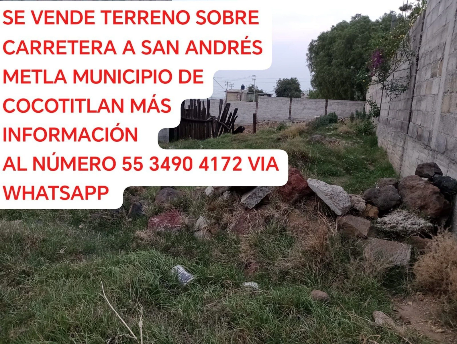 Terreno sobre carretera a san Andrés metla municipio de cocotitlan