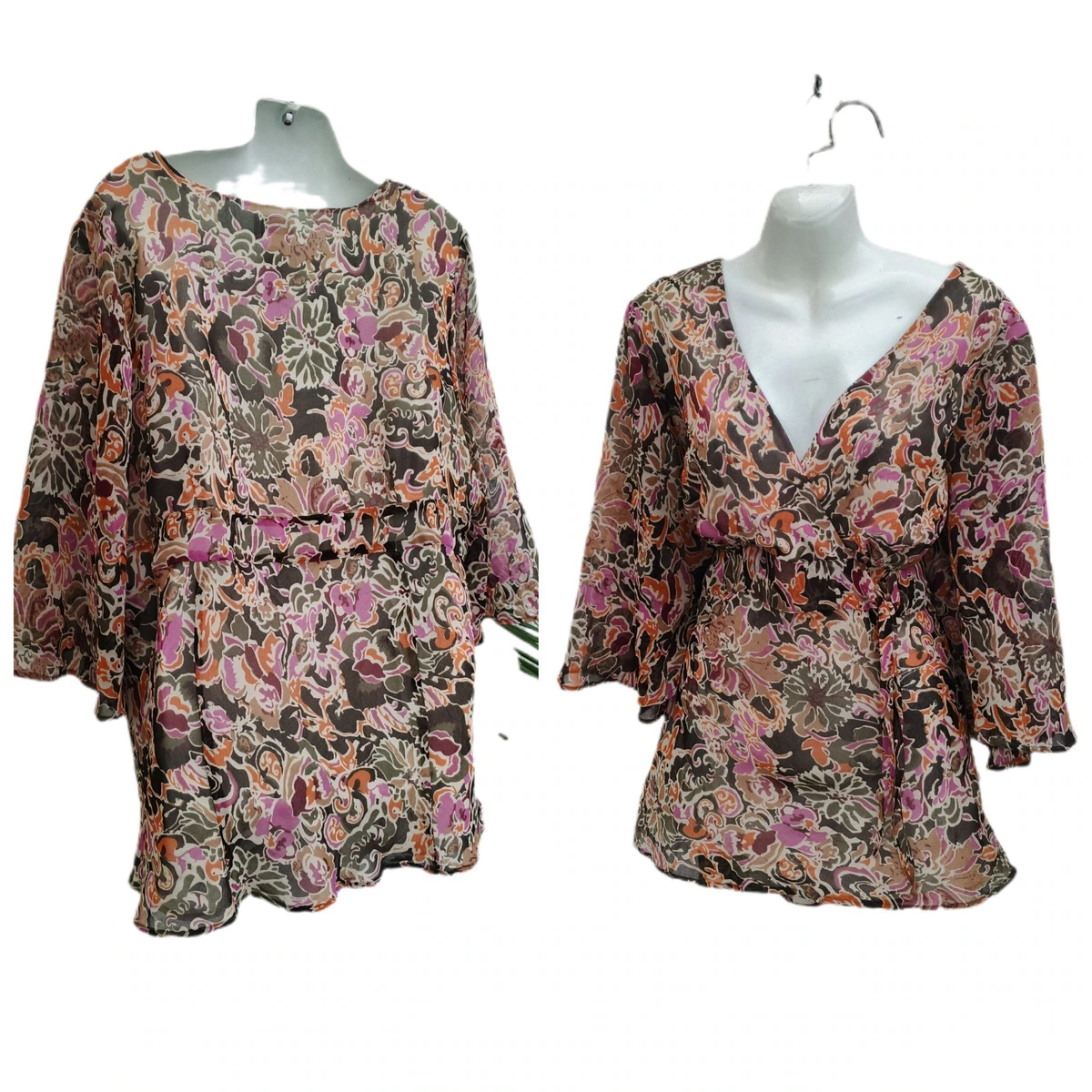 Blusa de gasa con escote en v manga campana