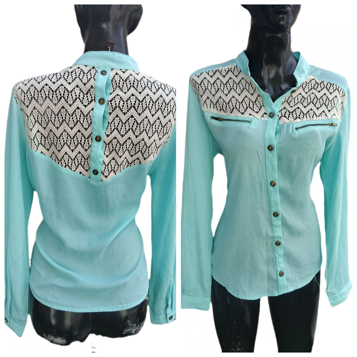 Blusa turquesa con cierres moderna