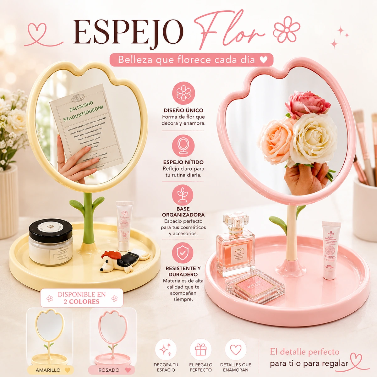 Espejo Flor con Base Organizadora Rosa