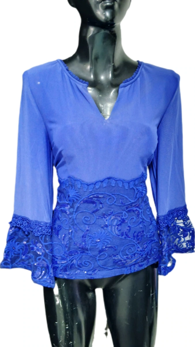 blusa azul rey con chakiras manga campana strech