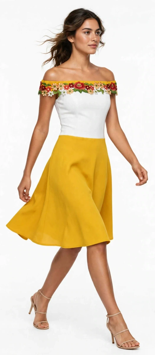 vestido campesino con bordados hombros descubiertos
