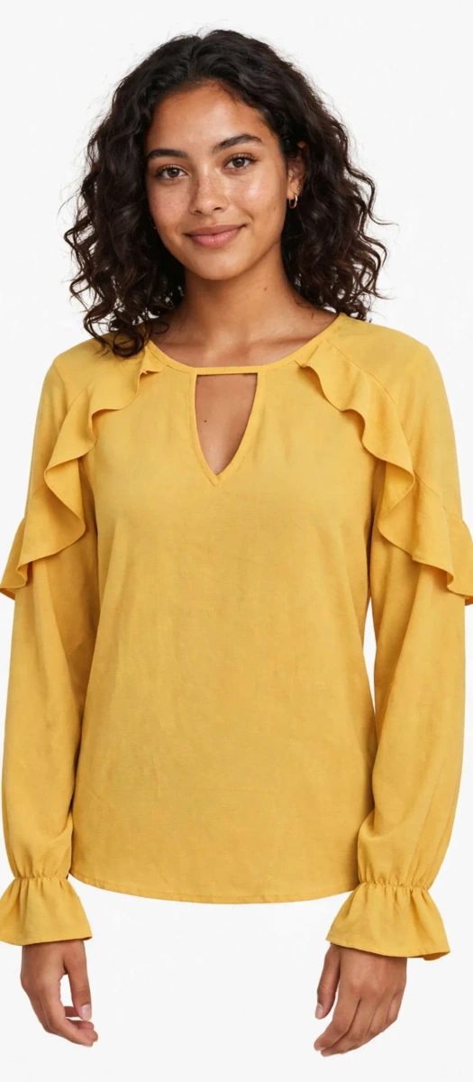 blusa mostaza strech con olan en la manga