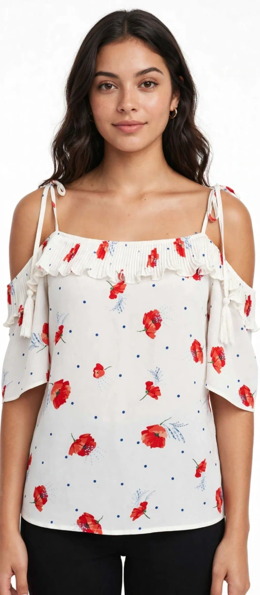 blusa hombros caidos floral blanca suelta y fresca