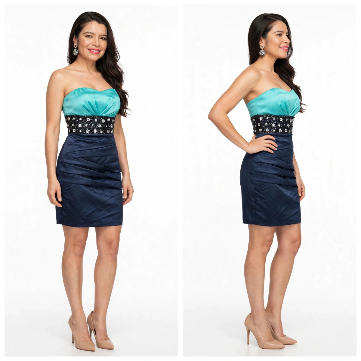 vestido elegante de fiesta corto strapless con piedras