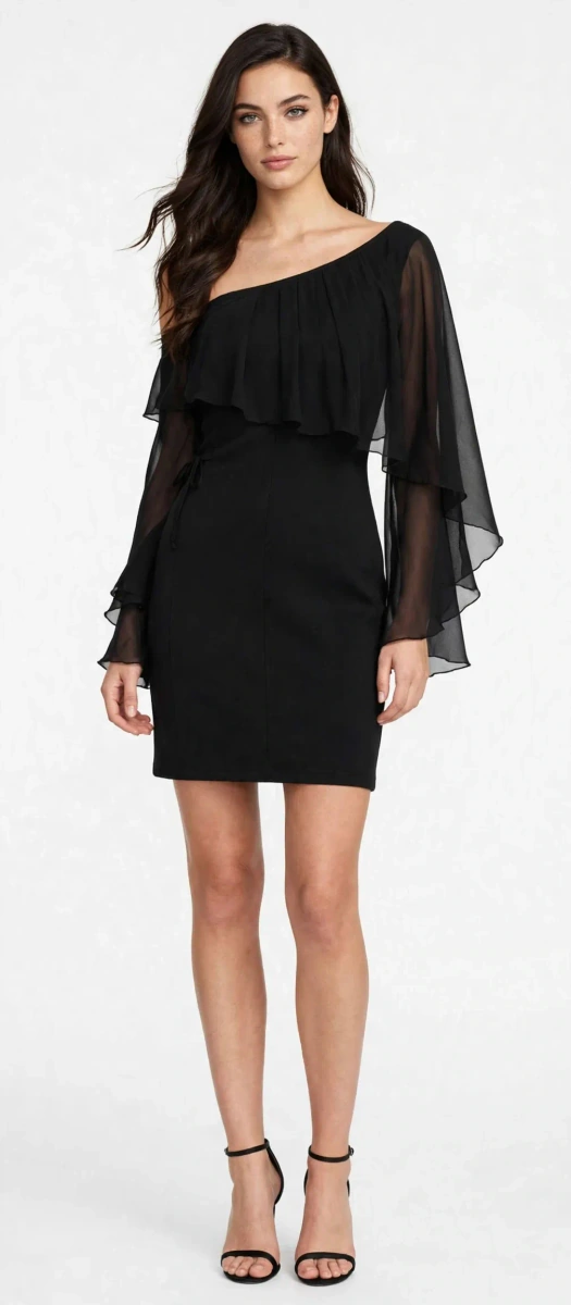 hermoso y elegante vestido negro con una manga de organza