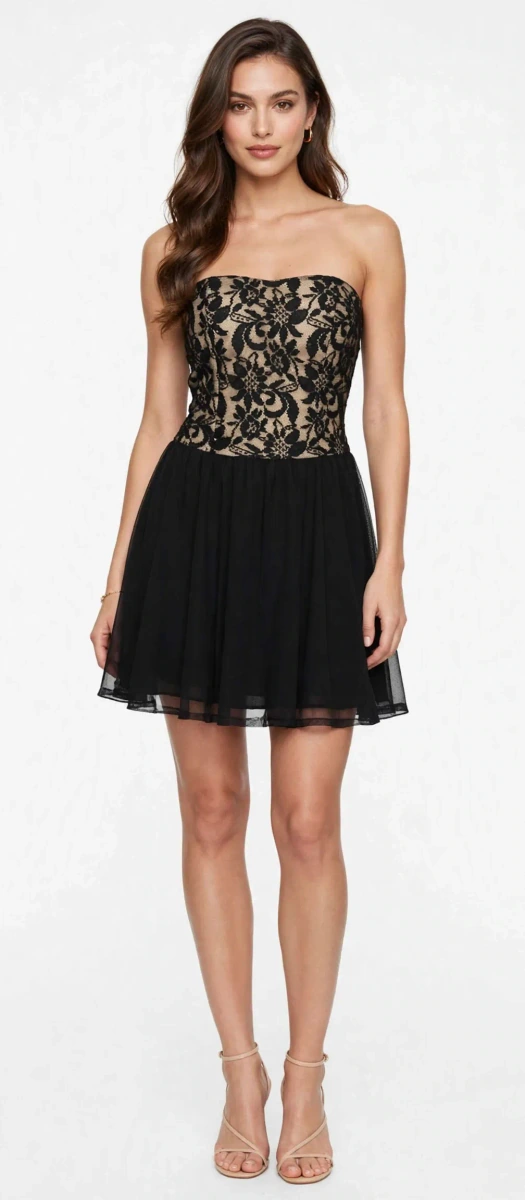 vestido corto straples con encaje de gasa elegante