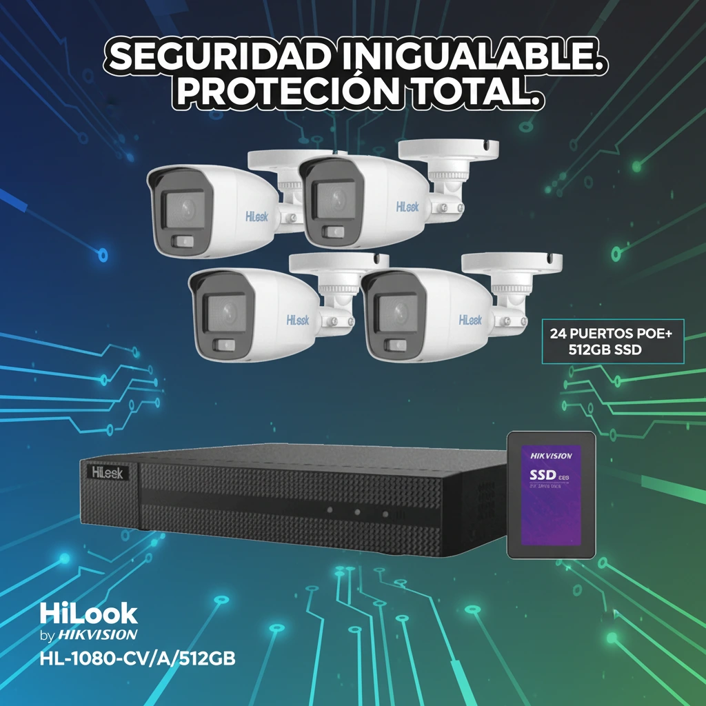 Kit TurboHD 1080p + SSD 500 GB / DVR 4 Canales / 4 Cámaras Bala ColorVu con Micr