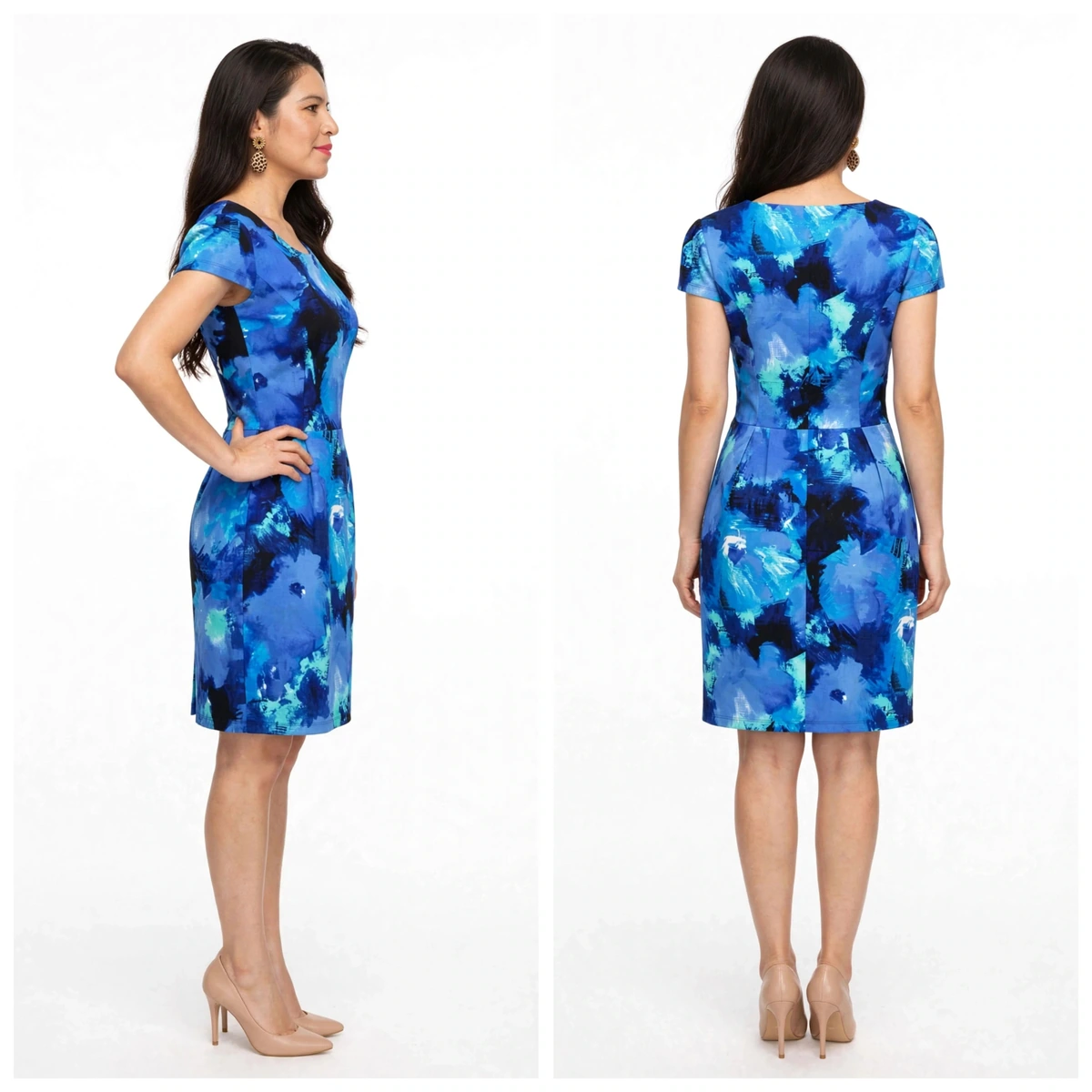 bonito y elegante vestido azul con bolsas tablitas