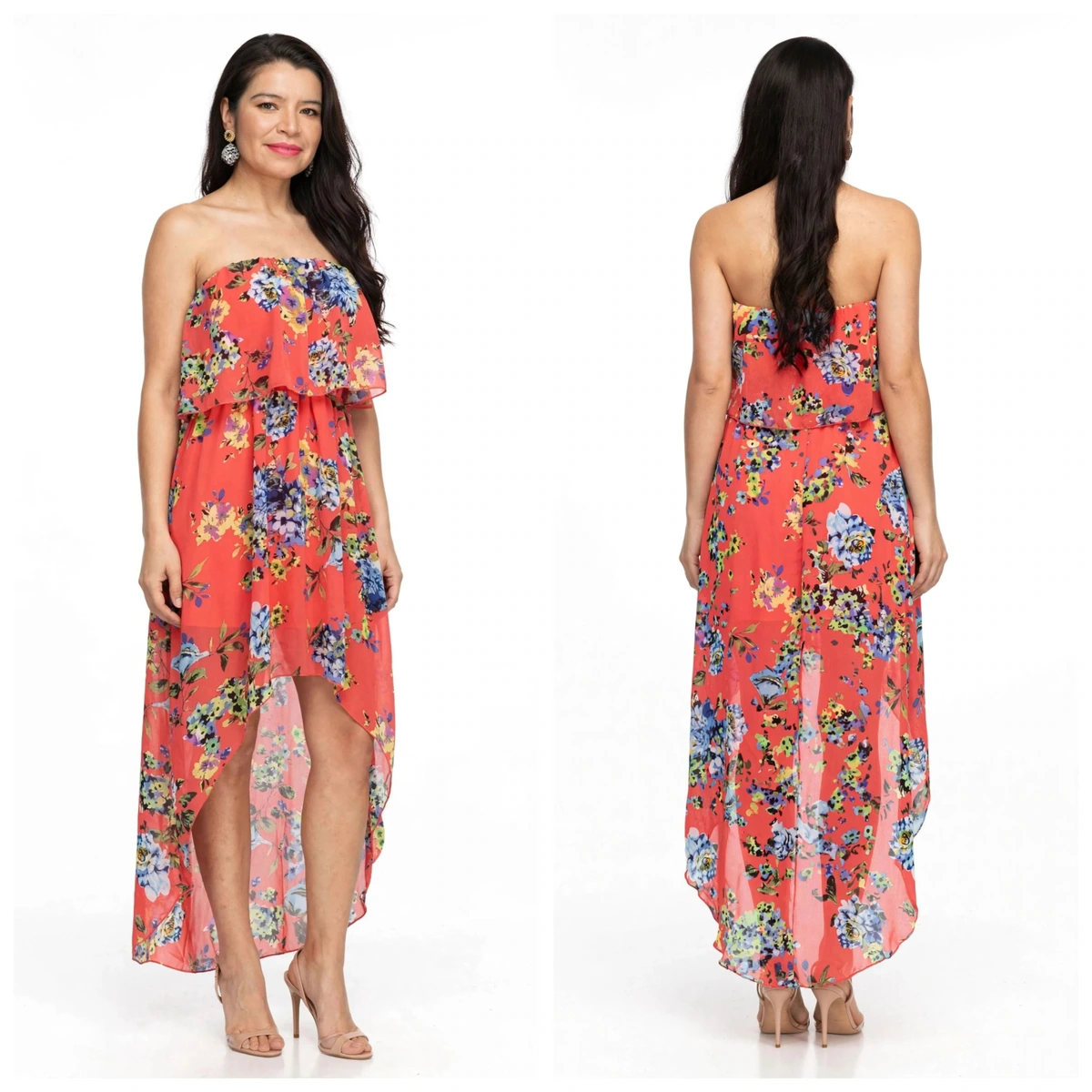 vestido semetrico straples con olan corto adelante largo atras