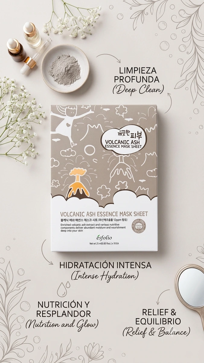 🌋 Esfolio Mascarilla 🇰🇷 con cenizas volcánicas Paquete de 10