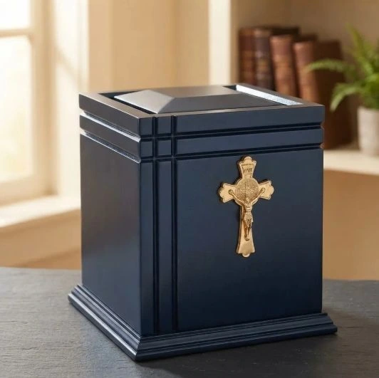 Urna para Cenizas CENIT Legado – Azul Marino con Crucifijo Dorado