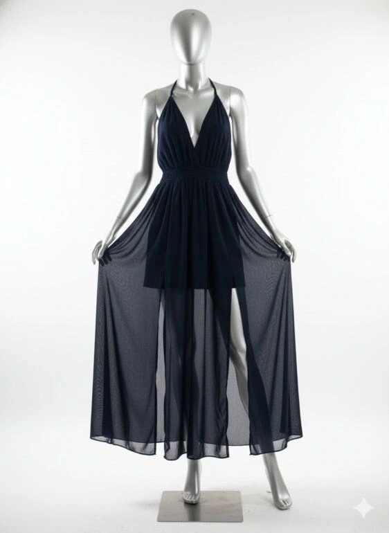 vestido largo con abertutas laterales talla mediana azul marino